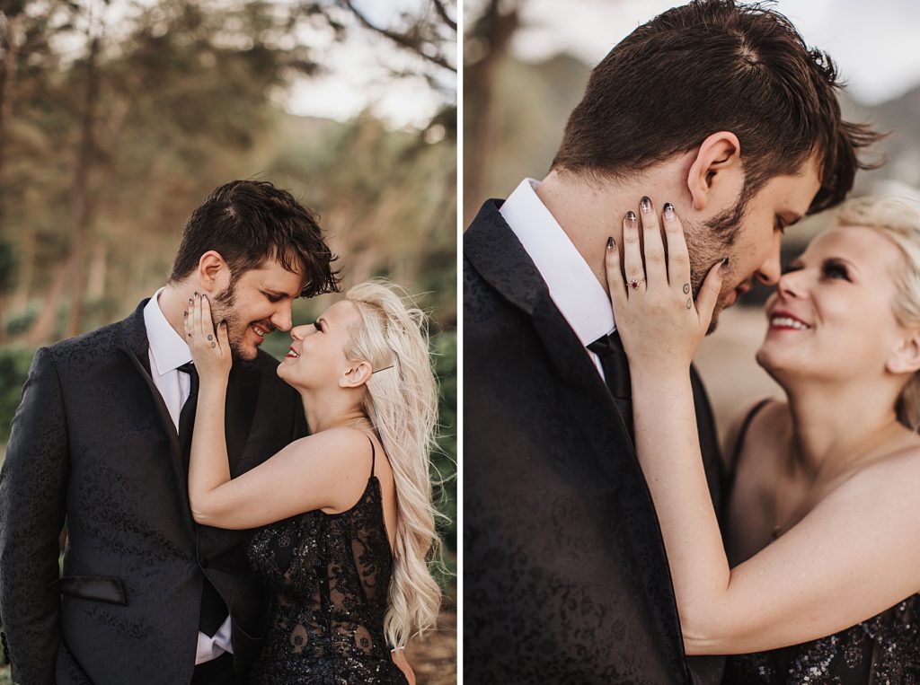 Bride holding Groom's face close and looking into each others eyes
