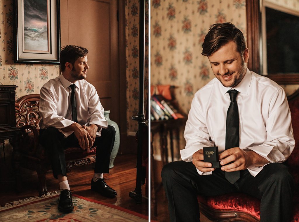 Groom sitting in chair getting ready