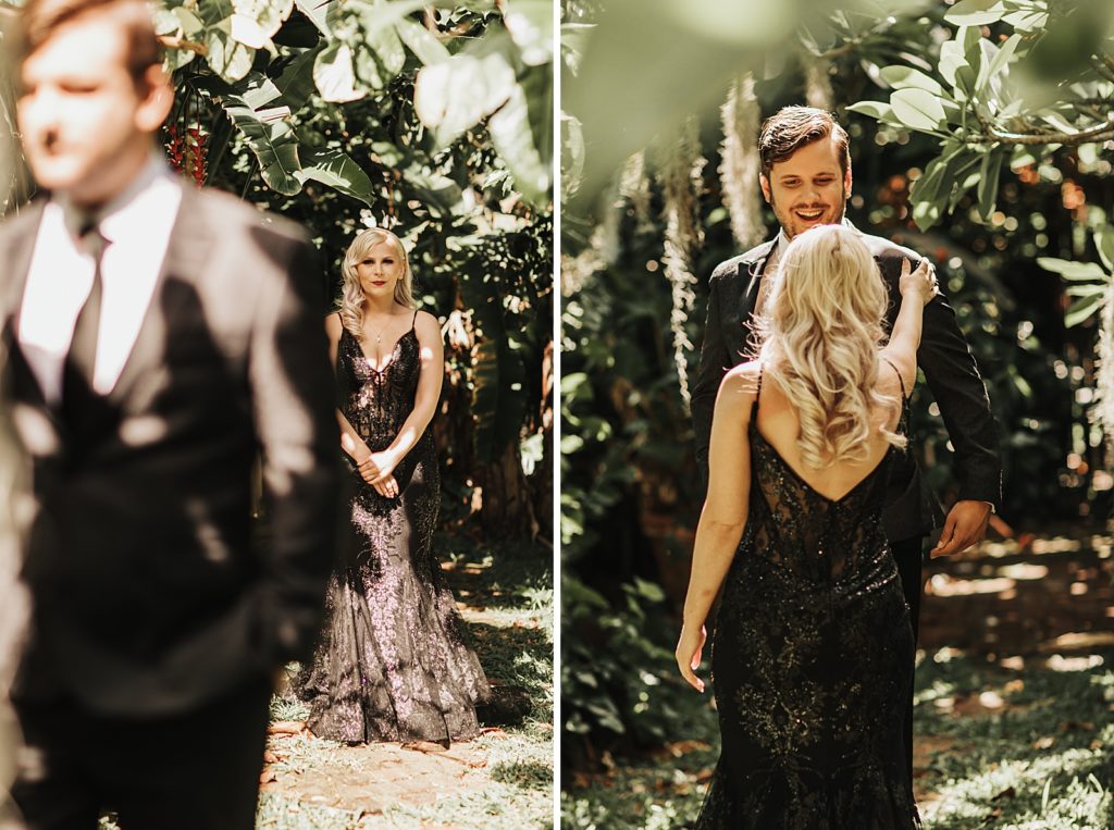 Bride in black elopement dress approaching Groom for first look
