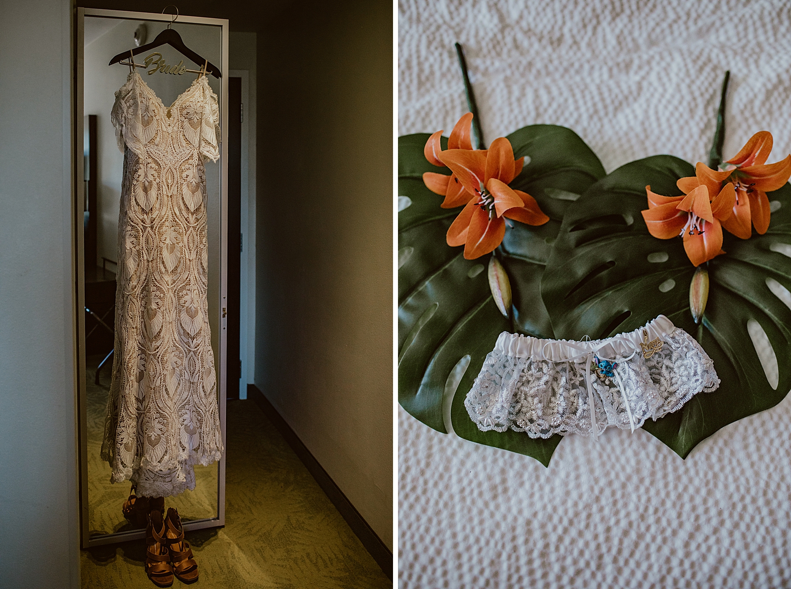 Detail shot of wedding dress hanging in front of mirror