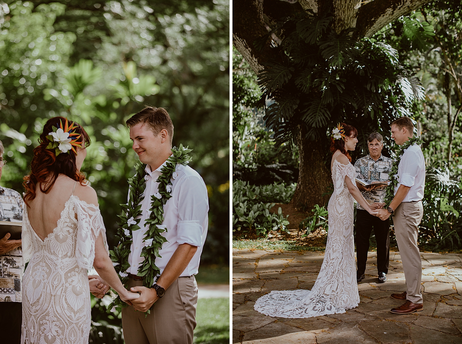 Bride and Groom hand in hand during outdoor green Ceremony