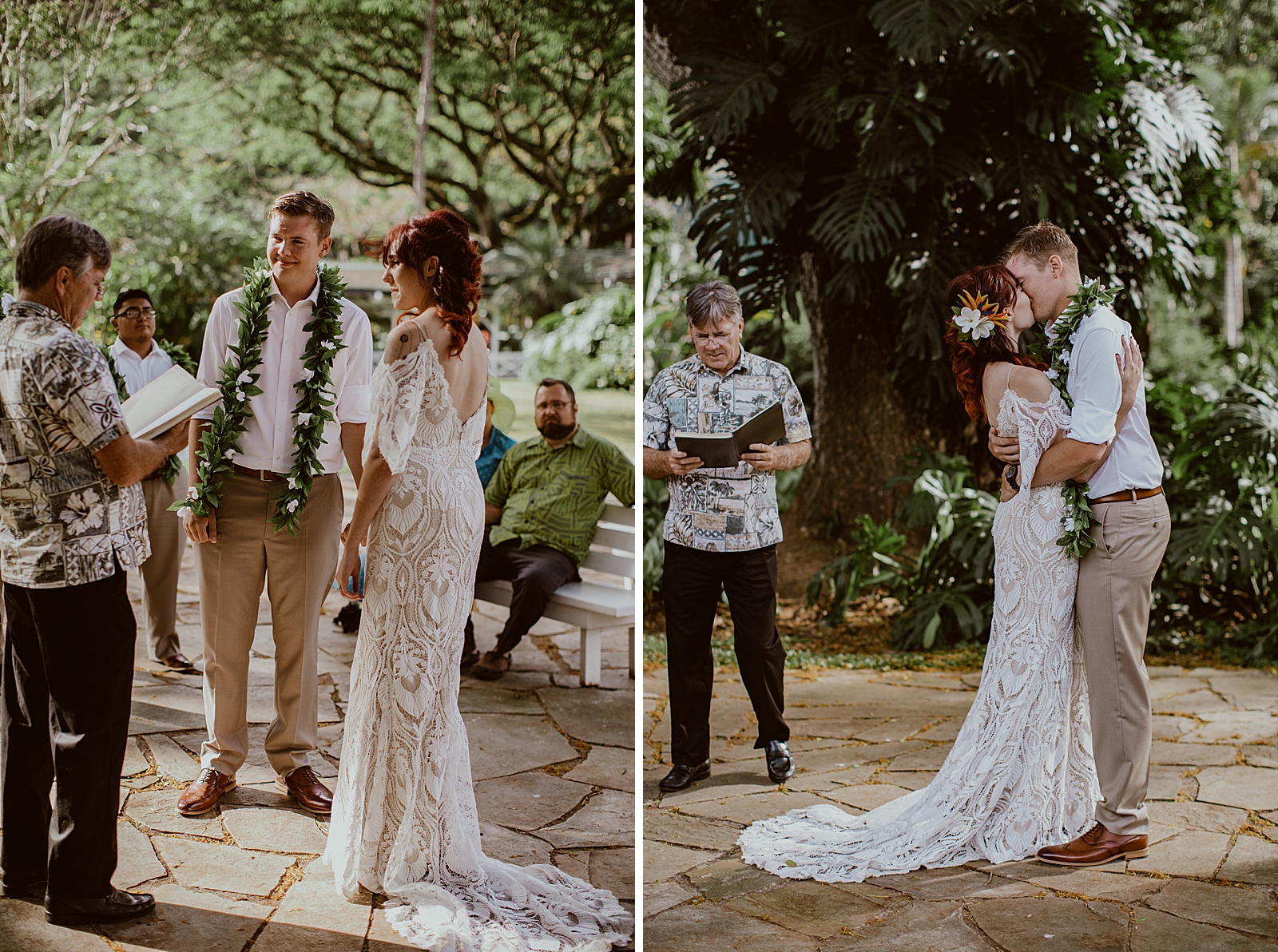 Just married Bride and Groom kissing at outdoor Ceremony