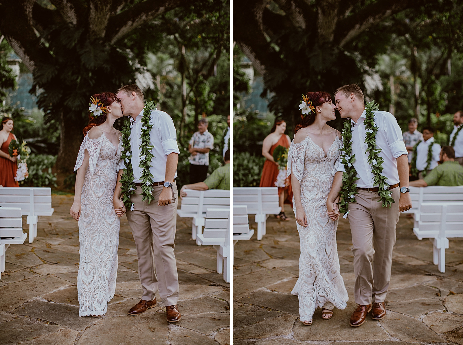 Bride and Groom halfway down the aisle kissing for Ceremony exit