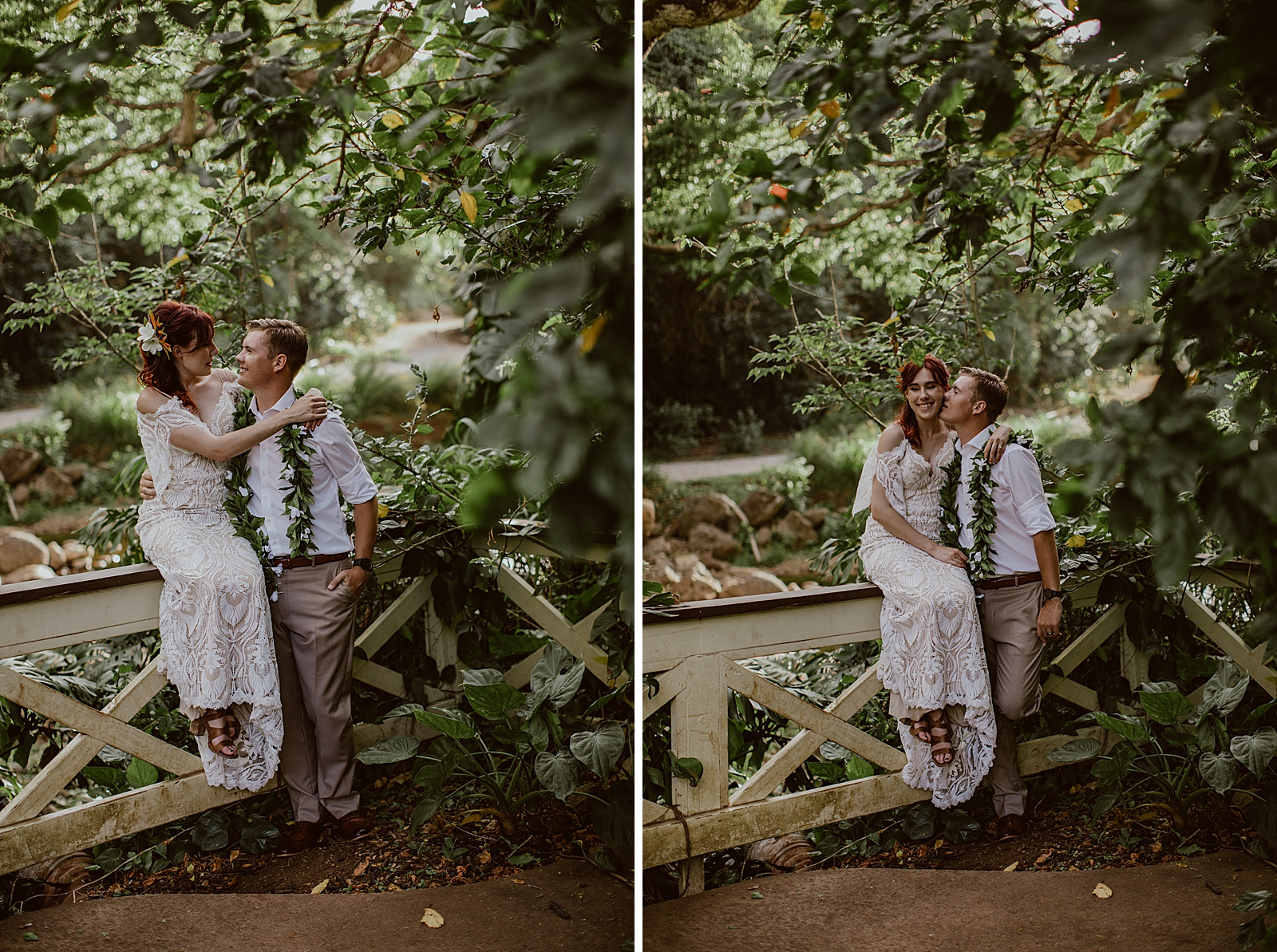 Bride sitting on wood fence with Groom kissing her