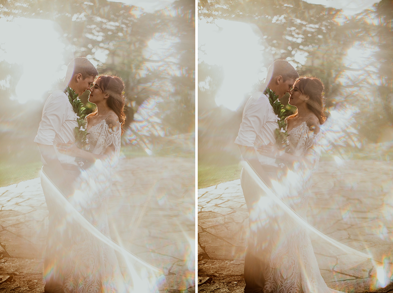 Bride and Groom nuzzling their noses with light shine affect