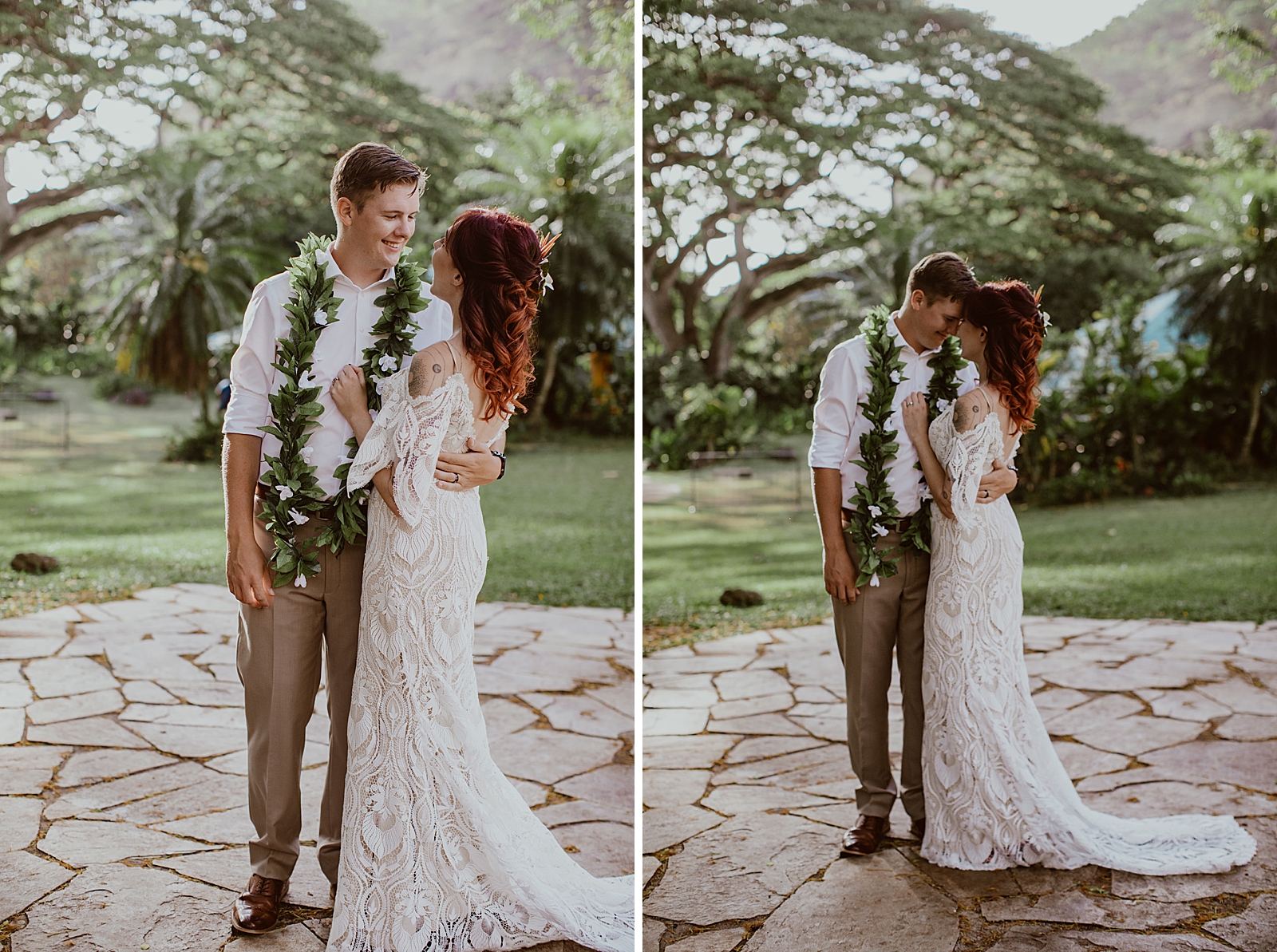 Groom holding Bride and looking into her eyes on stone path