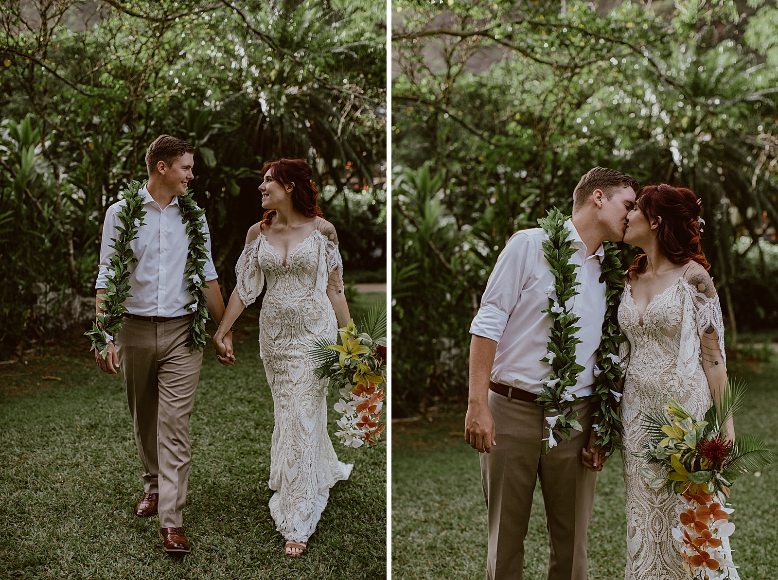 Bride and Groom holding hands looking at each other walking on grass and kissing