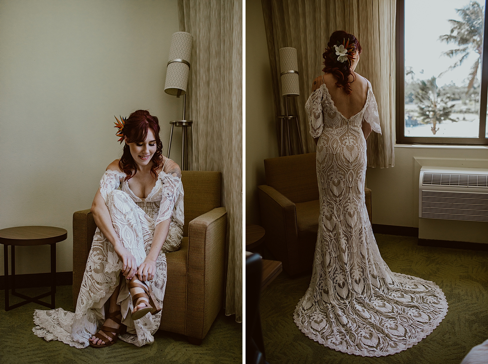 Bride sitting and getting shoes on and showing off wedding train