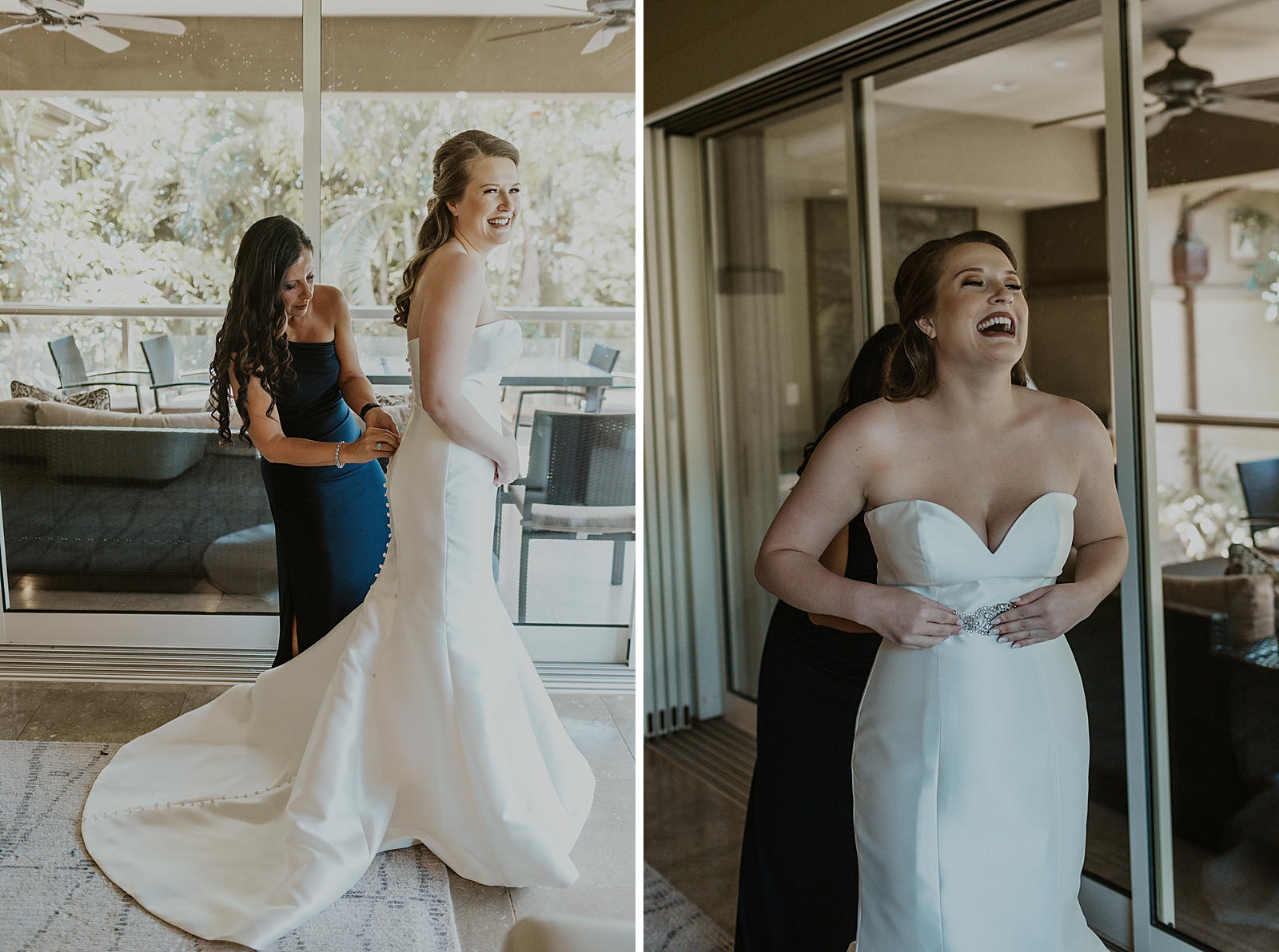 Bride getting help putting on Wedding dress