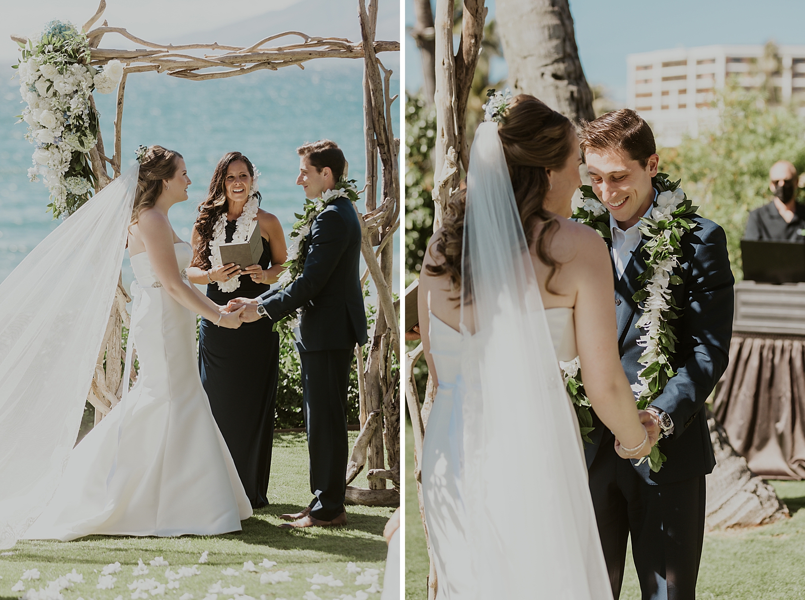 Bride and Groom hand in hand during Homily for outdoor waterside wedding