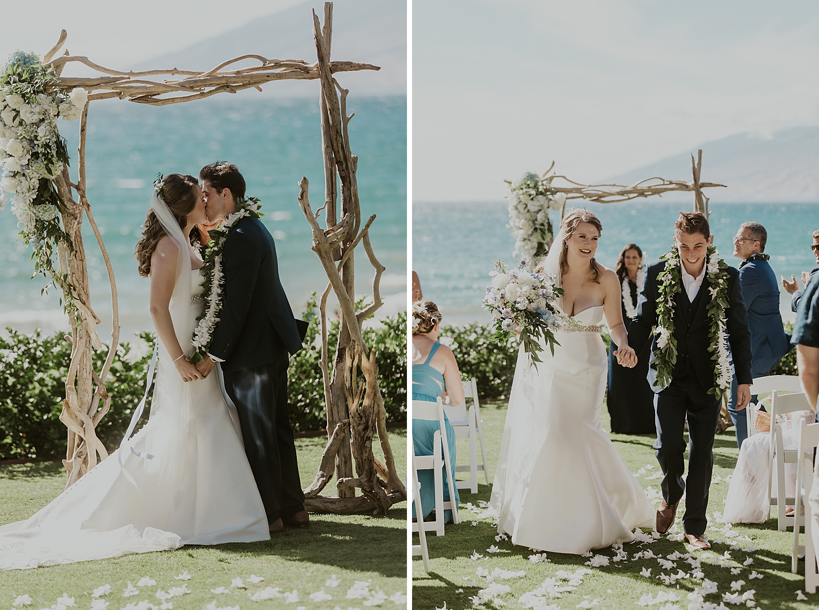 Just married Bride and Groom kissing and exiting Ceremony together