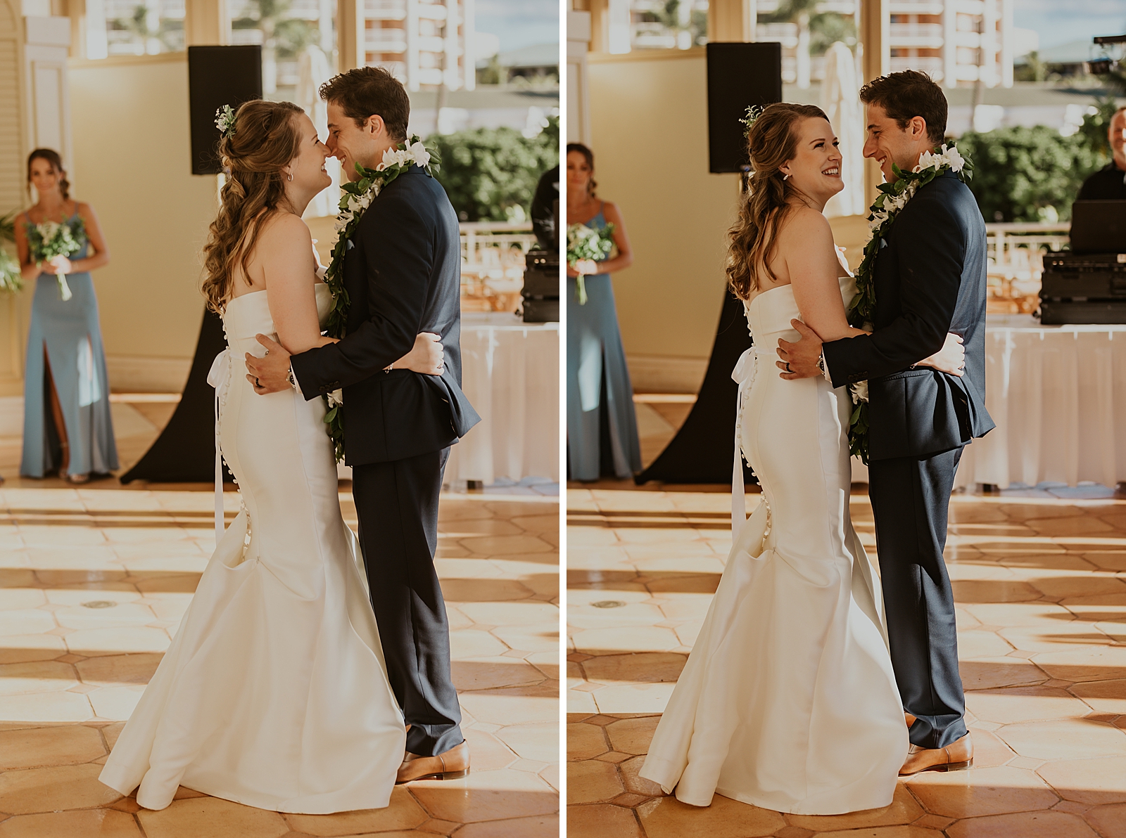 Bride and Groom holding each other close for First Dance