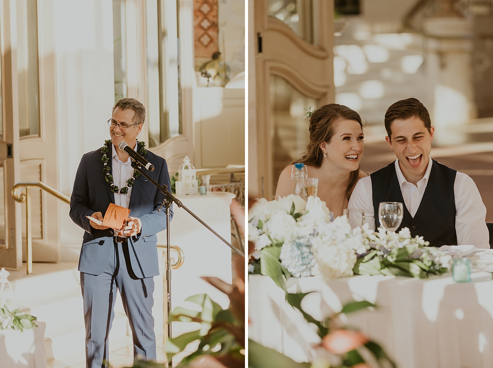 Best man speech with bride and groom laughing at sweetheart table