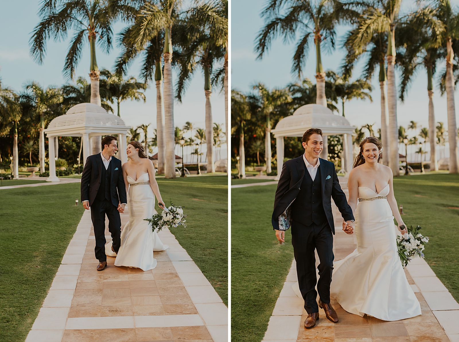 Bride and Groom holding hands and walking in courtyard