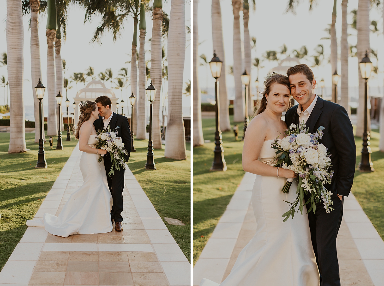 Bride and Groom nuzzling in path with lamp posts