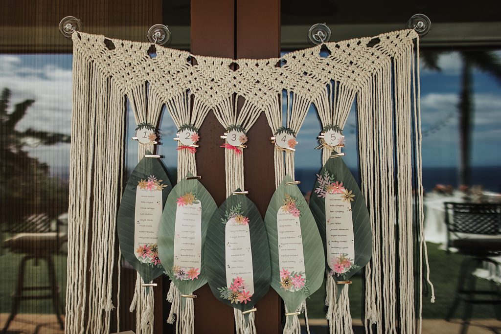 Detail shot of palm leaf with table lists on double doors