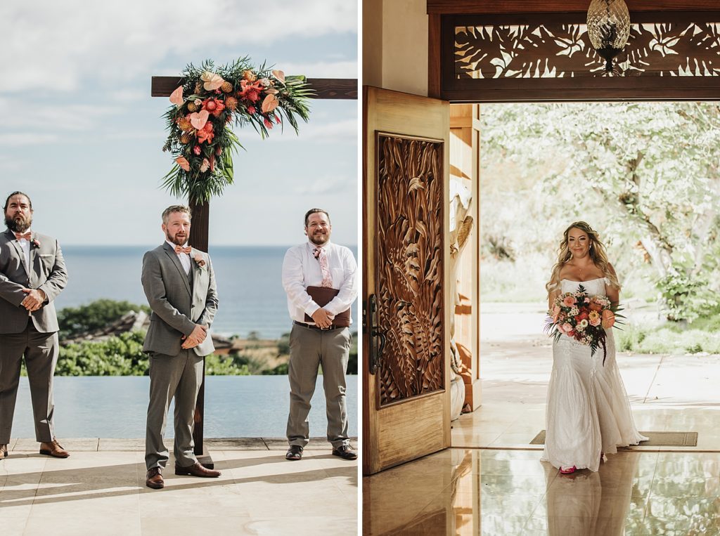 Groom awaiting Bride by arch and Bride entering Bride with bouquet in hand