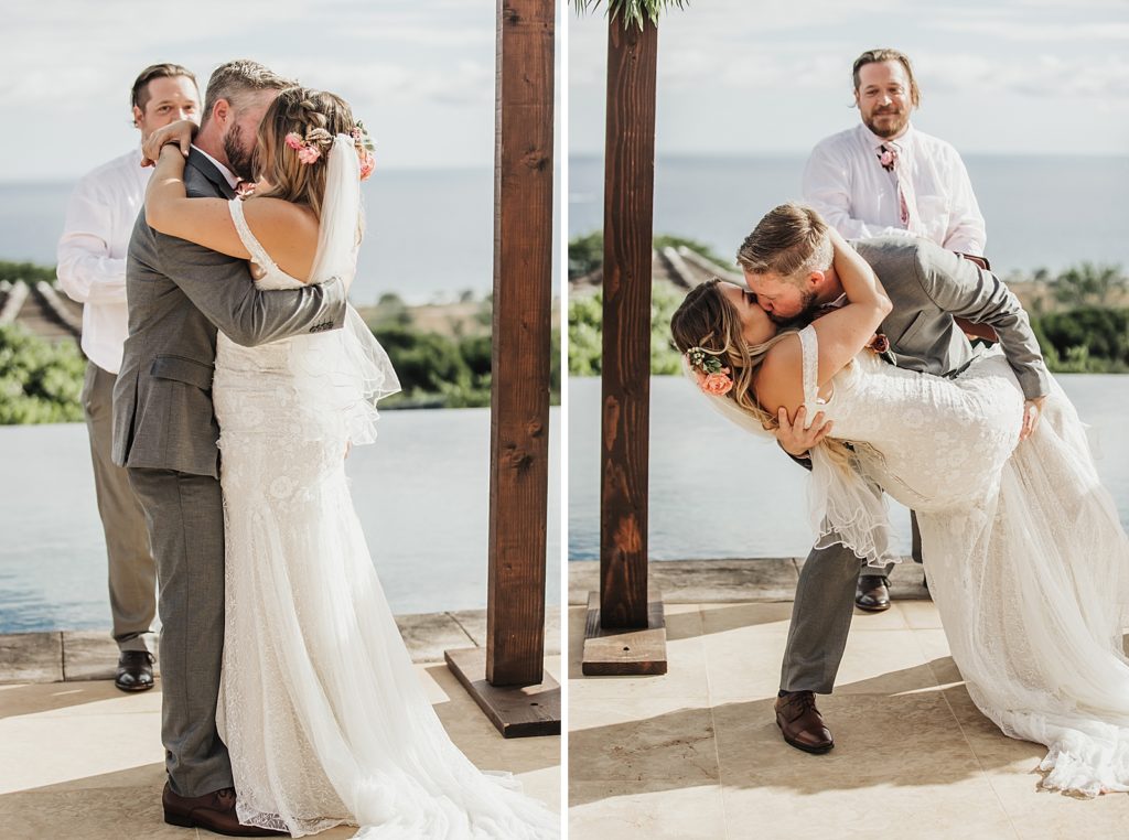 Just married Bride and Groom kissing during Ceremony with a dip