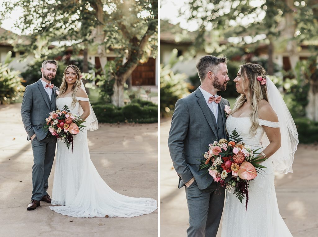 Bride and Groom side by side with Bride holding colorful bouquet outside
