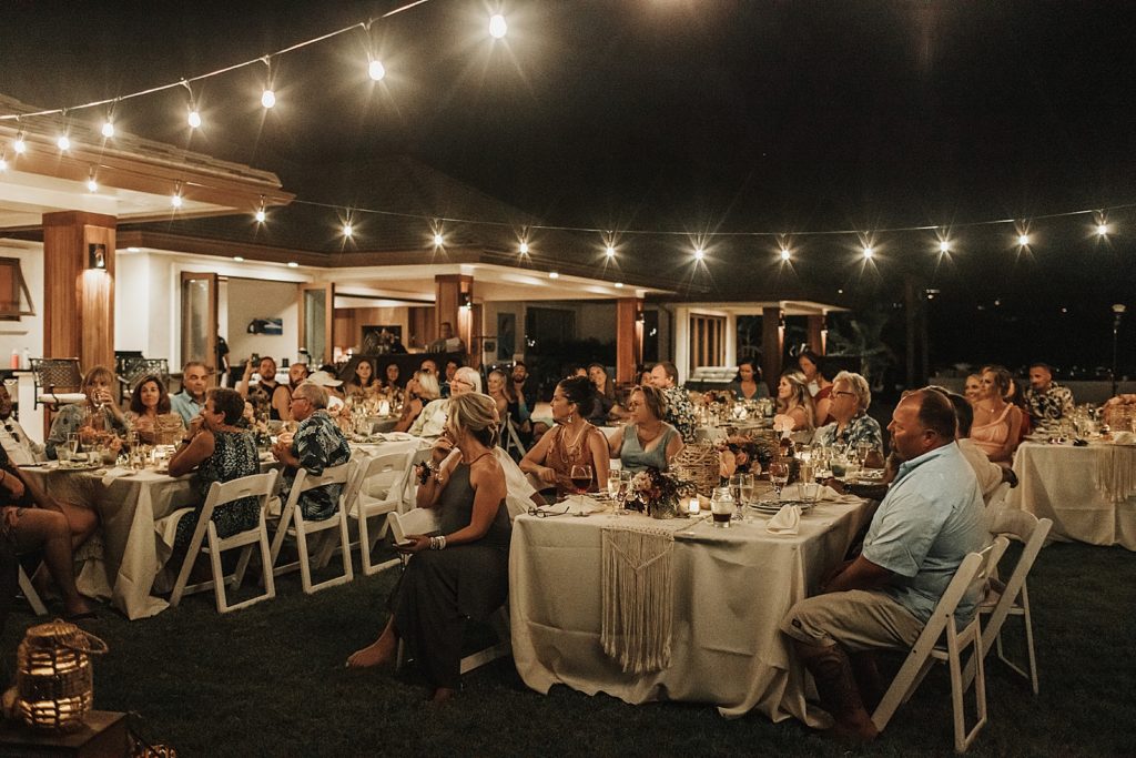 Guests eating at outdoor nighttime Reception