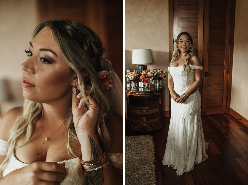 Bride getting earring on closeup and fully ready in dress