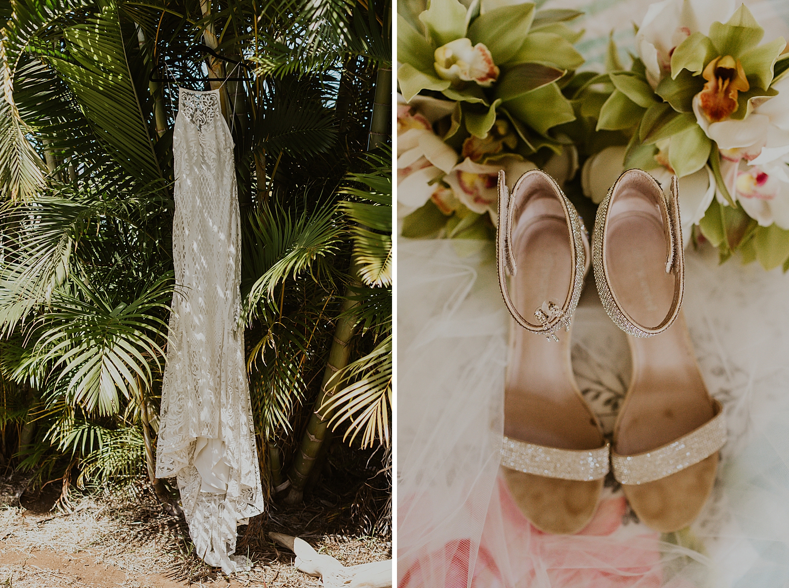 Wedding dress hanging on green plants and wedding shoes