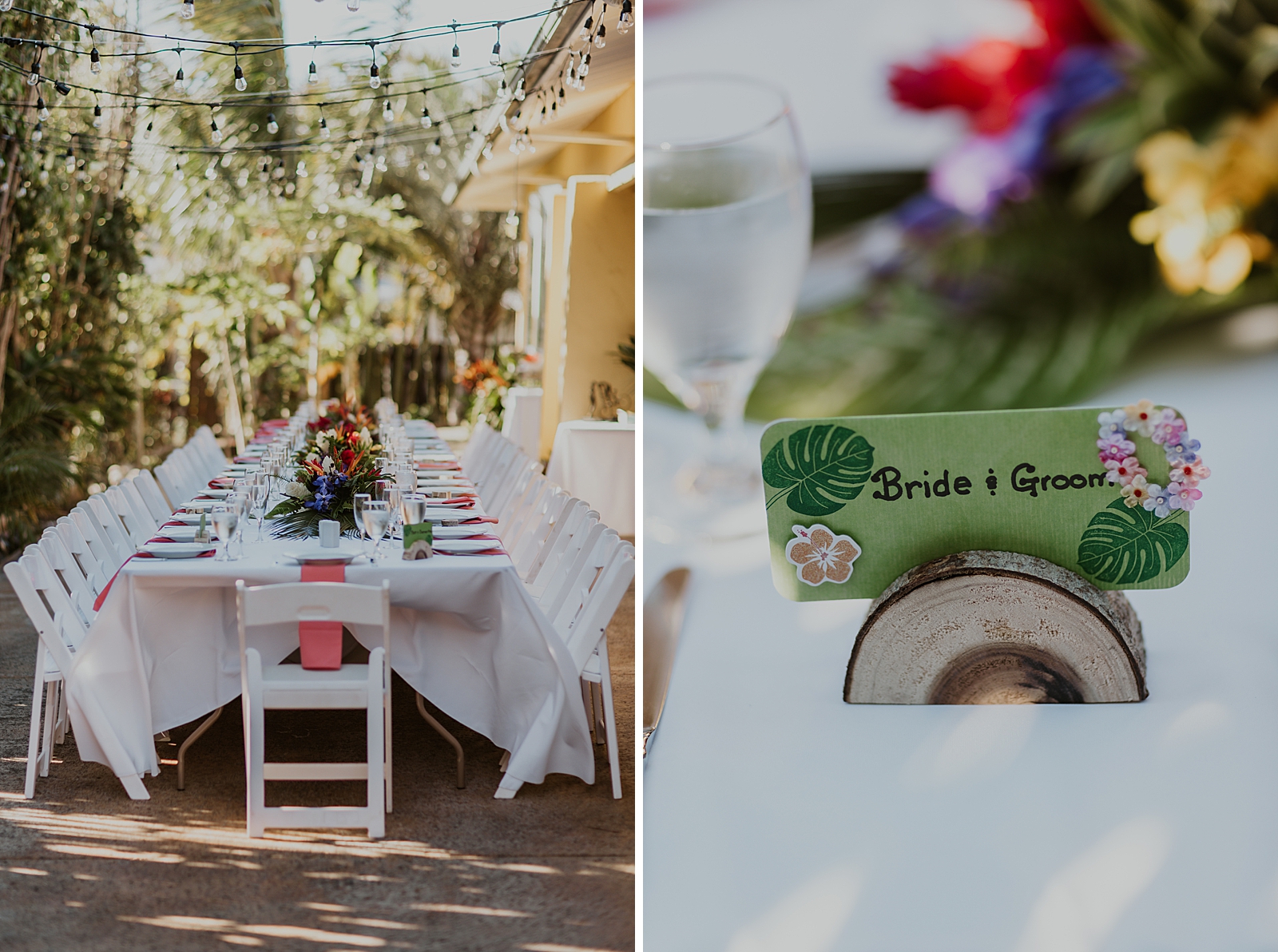 Detail shot of long rectangle Reception table with Bride and Groom name holder on sweetheart table