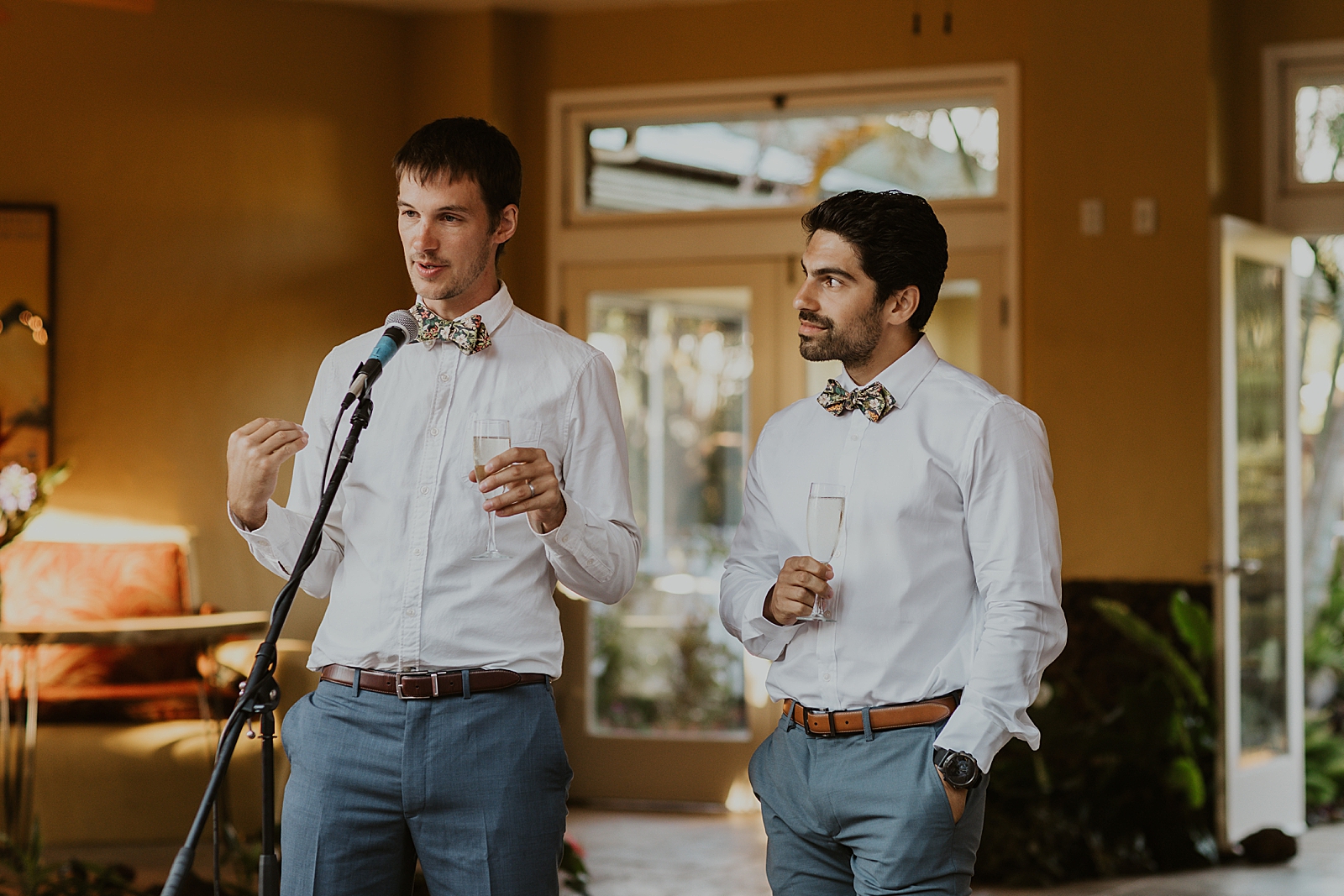 Best men giving speech at outdoor Reception