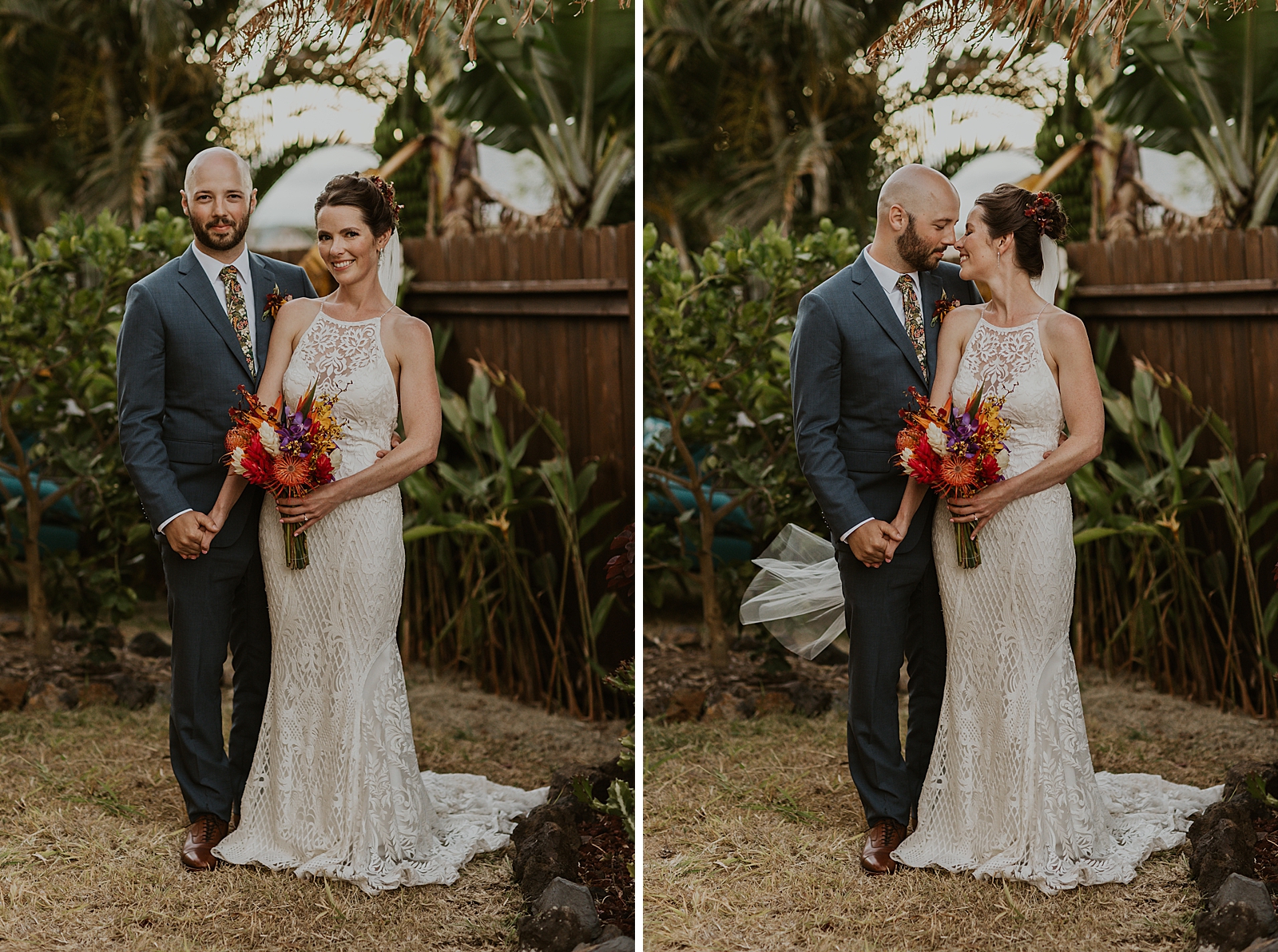 Bride holding Groom's hand and bouquet in other by fence