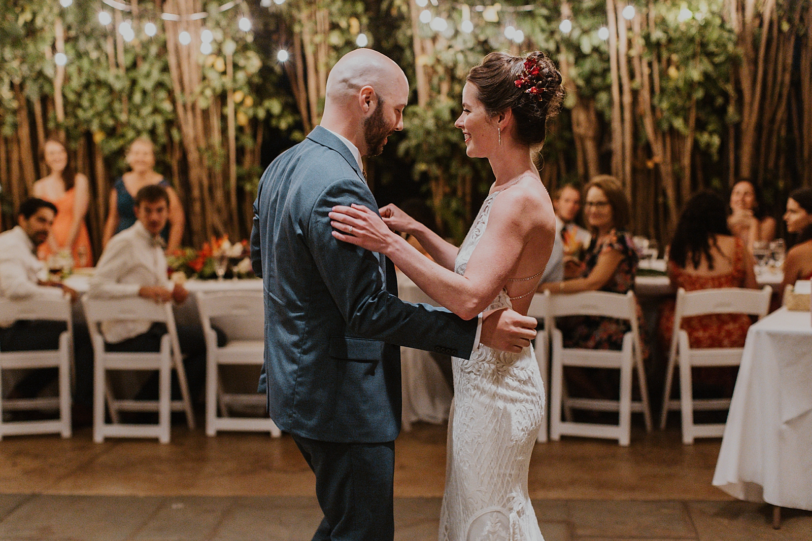 Bride and Groom dancing for first dance during outdoor Reception