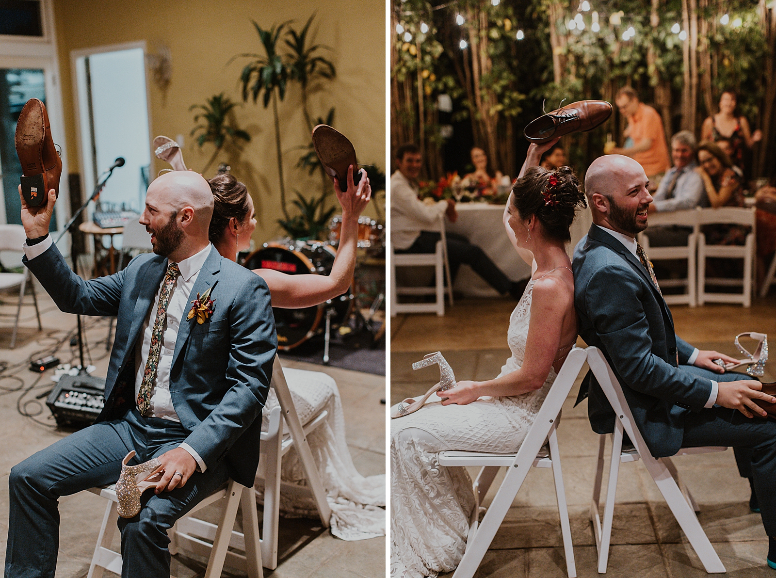 Bride and Groom sitting back to back for wedding game with shoes for Reception