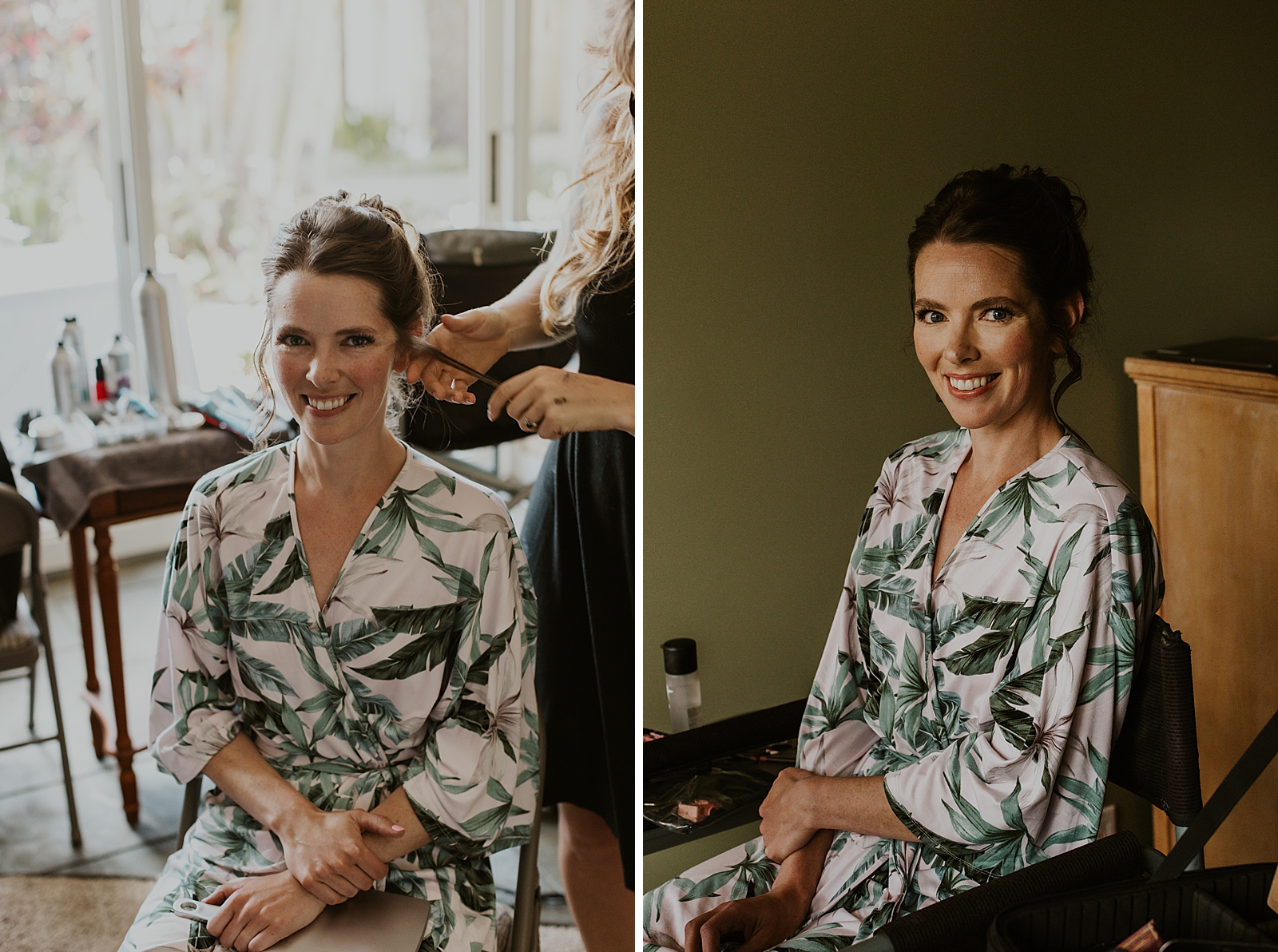 Bride sitting down starting to get ready by hair stylist