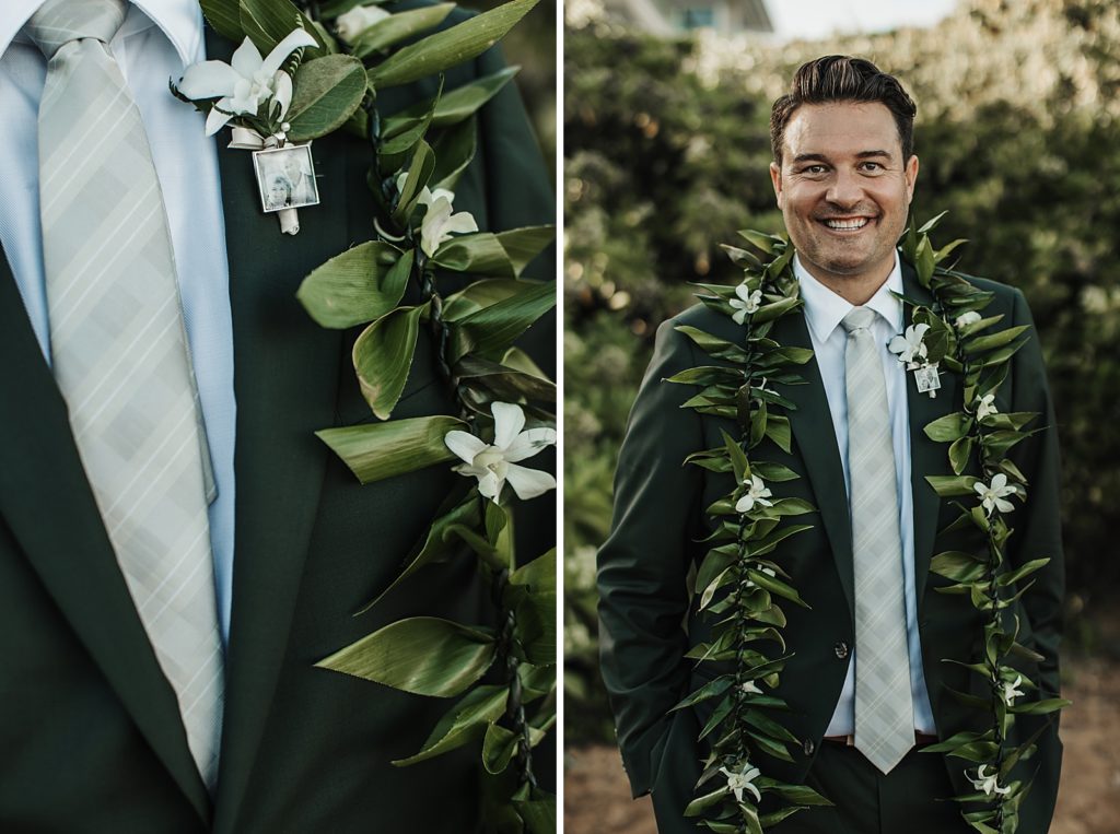 Portraits of Groom with small memory picture of boutonniere