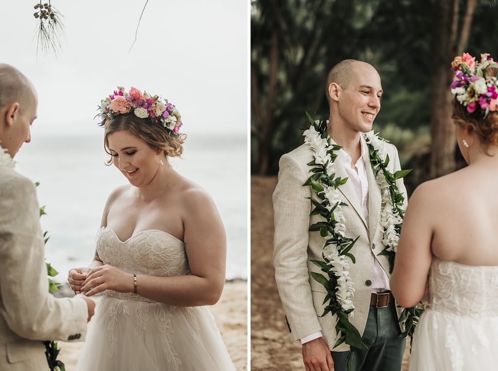 Bride and Groom putting wedding bands on each other